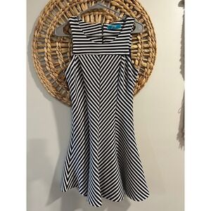 Buttons Navy Blue White Striped Fit and Flare Dress Sleeveless Chevron Ribbed